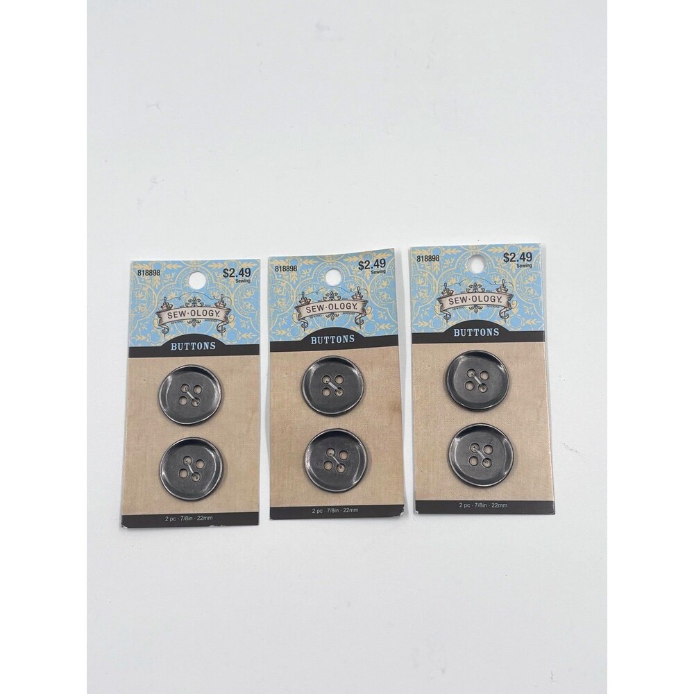 Sew-Ology 4 Hole Round Buttons 22mm Dark Gray Black 2 Pc Per Pack Lot Of 3